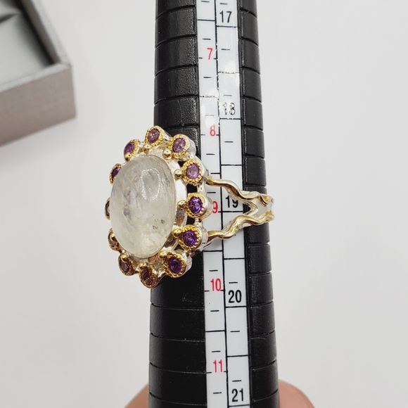 Genuine Moonstone & Purple Amethyst Sterling Silver / 18k Yellow Gold Halo Ring - Picture 5 of 6